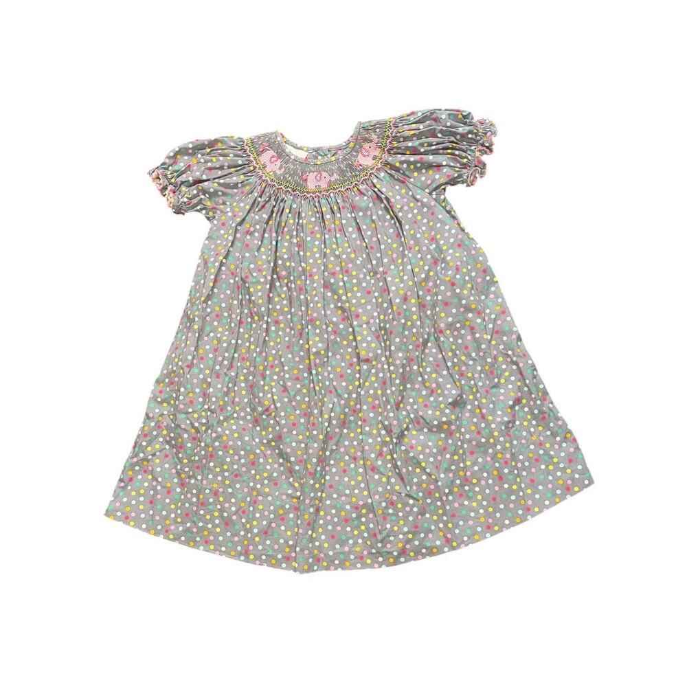 Petit Bebe Gray Multicolor Polka Dot Smocked Elephant Bishop Dress 24 Months